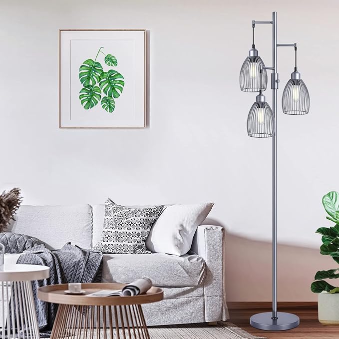 Nintiue Dimmable Floor Lamp, 3 x 800LM LED Edison Bulbs Included, Industrial Floor Lamp Standing Tree Lamp with Elegant Teardrop Cage Heads Tall Lamps for Living Room Bedroom-Grey - LeafyLoom