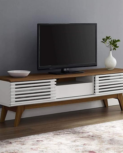 Modway Render Mid-Century Modern Low Profile 59 Inch TV Stand in Walnut/White - LeafyLoom
