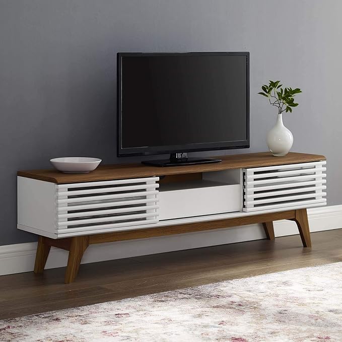 Modway Render Mid-Century Modern Low Profile 59 Inch TV Stand in Walnut/White - LeafyLoom