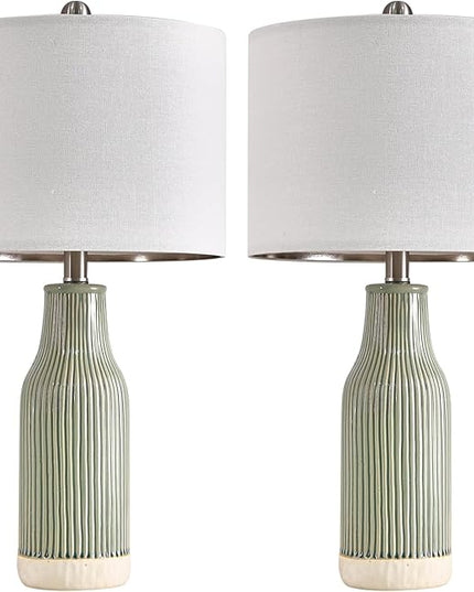 23.75" Modern Green Ceramic Table Lamp Set of 2 for Living Room, Farmhouse Bedside Nightstand Lamp for Bedroom Home Office Dorm - LeafyLoom