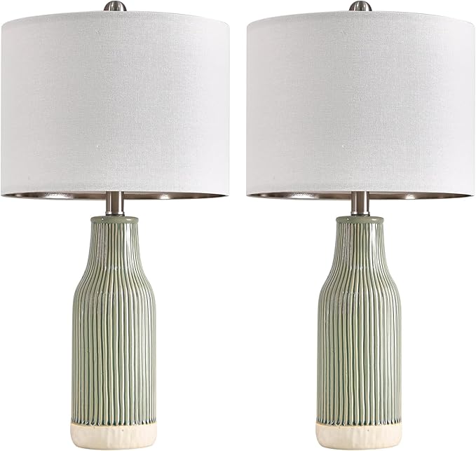23.75" Modern Green Ceramic Table Lamp Set of 2 for Living Room, Farmhouse Bedside Nightstand Lamp for Bedroom Home Office Dorm - LeafyLoom
