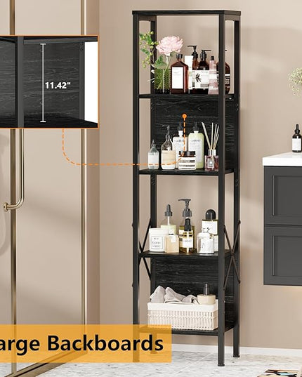 Furologee 5 Tier Book Shelf with LED Light, Tall Display Bookcase with Back, Narrow Industrial Standing Shelving Units, Metal and Wooden Storage Rack for Bedroom, Living Room, Office, Black Oak - LeafyLoom