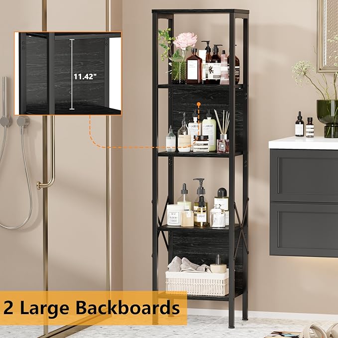 Furologee 5 Tier Book Shelf with LED Light, Tall Display Bookcase with Back, Narrow Industrial Standing Shelving Units, Metal and Wooden Storage Rack for Bedroom, Living Room, Office, Black Oak - LeafyLoom