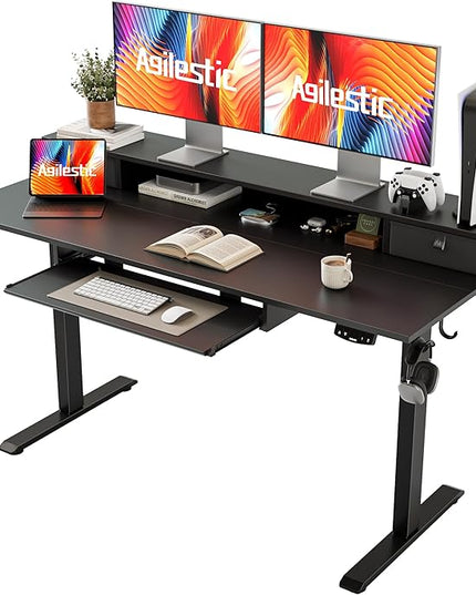 Electric Standing Desk with 2 Drawers and Keyboard Tray, 55 x 24 Inches Ergonomic Adjustable Height Desk with Storage, Sit Stand up Desk Computer Workstation, Black - LeafyLoom