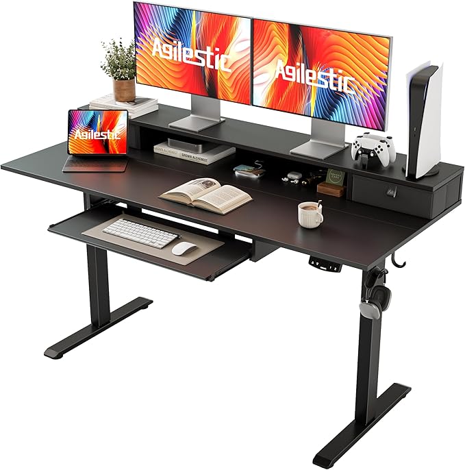 Electric Standing Desk with 2 Drawers and Keyboard Tray, 55 x 24 Inches Ergonomic Adjustable Height Desk with Storage, Sit Stand up Desk Computer Workstation, Black - LeafyLoom