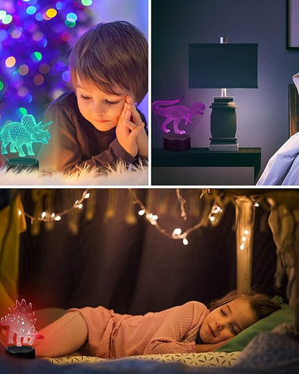 VSATEN 3D Dinosaur Night Light for Kids, 3D Illusion Lamp 3-Pattern & 16 Colors Change Decor Lamp with Remote Control & Smart Touch, Dinosaur Toys for 2 3 4 5 6+ Years Old - LeafyLoom
