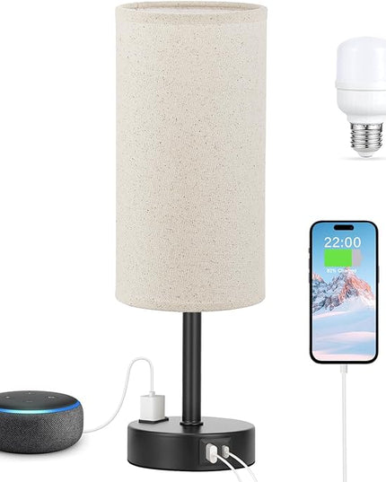 Beige Touch Table Lamp for Bedroom - 3 Way Dimmable Bedside Lamp USB C Charging Ports and AC Outlet, Small Lamp with Fabric Shade Black Base for Living Room, Office Desk, LED Bulb Included - LeafyLoom