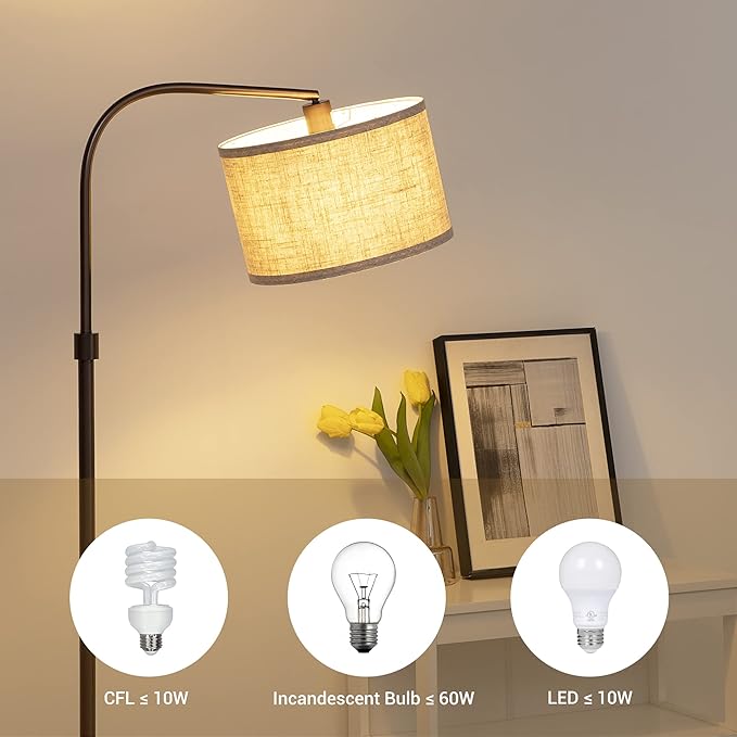 EDISHINE Arched Floor Lamps for Living Room, Standing Tall Arc Lamp with Adjustable Linen Shade, Minimalist Reading Light for Corner, Over Couch Arched Lamp for Bedroom, Office, Kids Room, Bronze - LeafyLoom