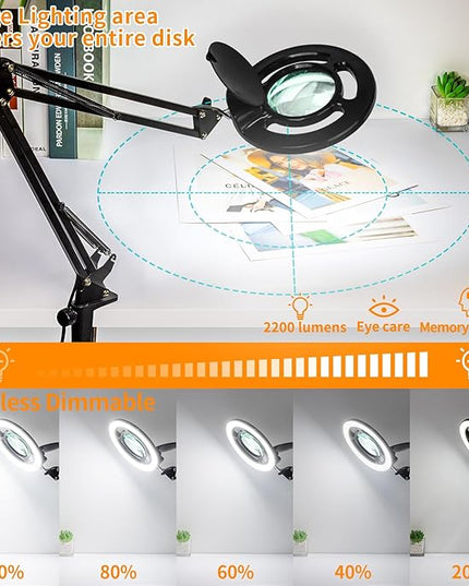 HITTI 10X Long Magnifying Glass with Light and Stand, 2200 Lumens Dimmable Bright LED Lighted Magnifier, Ajustable Swing Arm Magnifying Desk Lamp with Clamp, Hands Free for Hobby Repair Workbench - LeafyLoom