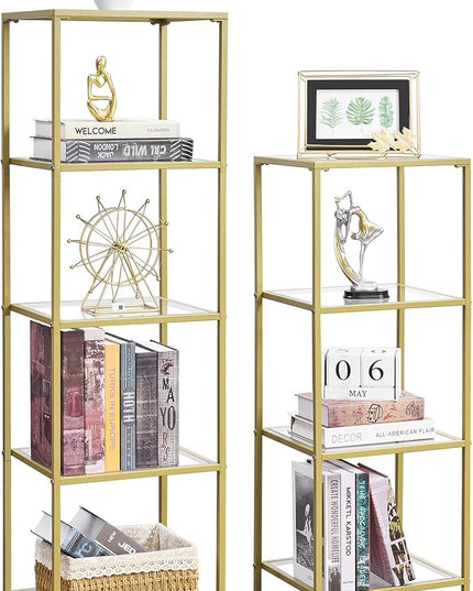 4-Tier Bookshelf,Metal Bookcase,Tempered Glass Shelves,Storage Rack Shelf for Home Office,Living Room,Bedroom, Bathroom,Modern Style,Golden - LeafyLoom