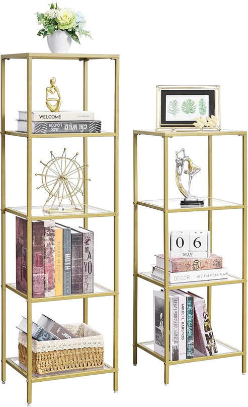 4-Tier Bookshelf,Metal Bookcase,Tempered Glass Shelves,Storage Rack Shelf for Home Office,Living Room,Bedroom, Bathroom,Modern Style,Golden - LeafyLoom