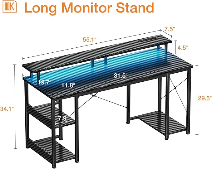 ODK 55 inch Computer Desk with Power Outlets & LED Lights, Gaming Desk with Monitor Stand & Storage Sheves, Home Office Desk, Carbon Fiber Black - LeafyLoom