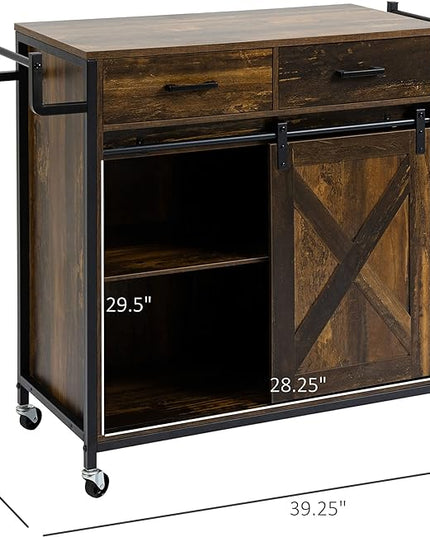HOMCOM Industrial Kitchen Cart, Rolling Kitchen Island with Adjustable Shelf, Two Drawers, Sliding Barn Door Cabinet and Towel Rack, Rustic Brown - LeafyLoom