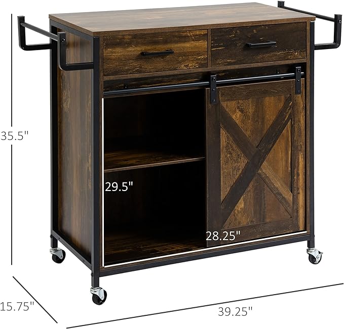 HOMCOM Industrial Kitchen Cart, Rolling Kitchen Island with Adjustable Shelf, Two Drawers, Sliding Barn Door Cabinet and Towel Rack, Rustic Brown - LeafyLoom