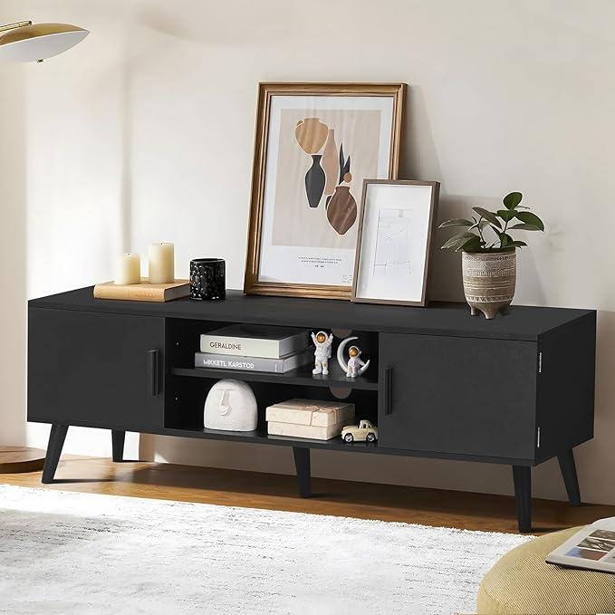 Iwell Black TV Stand for 60 Inch TV, Entertainment Center with Adjustable Shelf, TV Console, Modern TV Stand for Living Room, Bedroom, Black - LeafyLoom