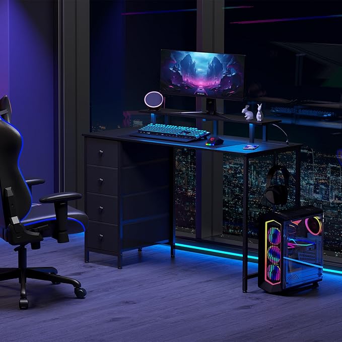 Computer Desk with LED Light & Power Outlets, 47 Inch Gaming Desk with 4 Fabric Drawers, Office Desk with Monitor Stand, Black Work Writing Desk with Hooks for Home Office, Bedroom, HGD12BK - LeafyLoom