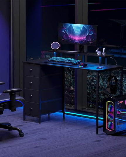 Computer Desk with LED Light & Power Outlets, 55 Inch Gaming Desk with 4 Fabric Drawers, Office Desk with Monitor Stand, Black Work Writing Desk with Hooks for Home Office, Bedroom, HGD14BK - LeafyLoom