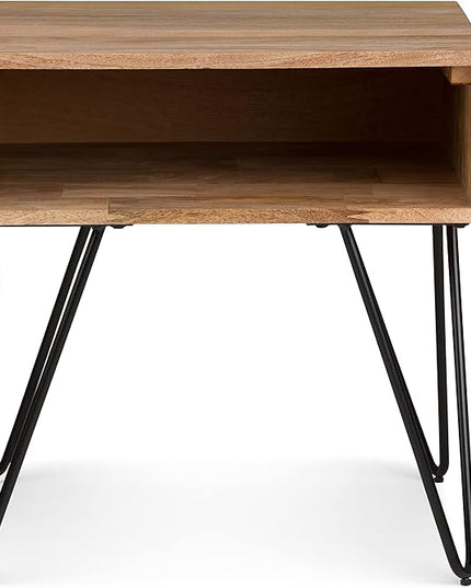 SIMPLIHOME Hunter Solid Mango Wood and Metal 22 inch wide Square Mid Century Modern End Side Table in Natural with Storage, 1 Shelf, for the Living Room and Bedroom - LeafyLoom