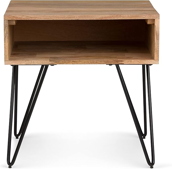 SIMPLIHOME Hunter Solid Mango Wood and Metal 22 inch wide Square Mid Century Modern End Side Table in Natural with Storage, 1 Shelf, for the Living Room and Bedroom - LeafyLoom