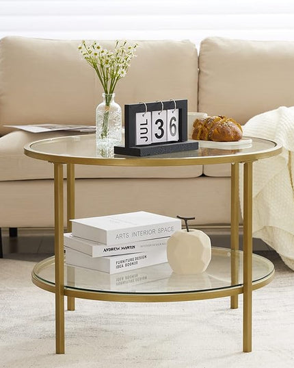 VINGLI Glass Coffee Table, 25.6" Round Champagne Gold Coffee Tables for Living Room, 2-Tier Glass Top Coffee Table with Storage Clear Coffee Table, Simple & Modern Center Table for Small Space - LeafyLoom