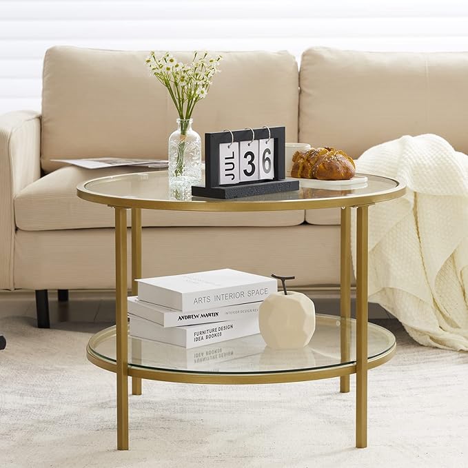 VINGLI Glass Coffee Table, 25.6" Round Champagne Gold Coffee Tables for Living Room, 2-Tier Glass Top Coffee Table with Storage Clear Coffee Table, Simple & Modern Center Table for Small Space - LeafyLoom