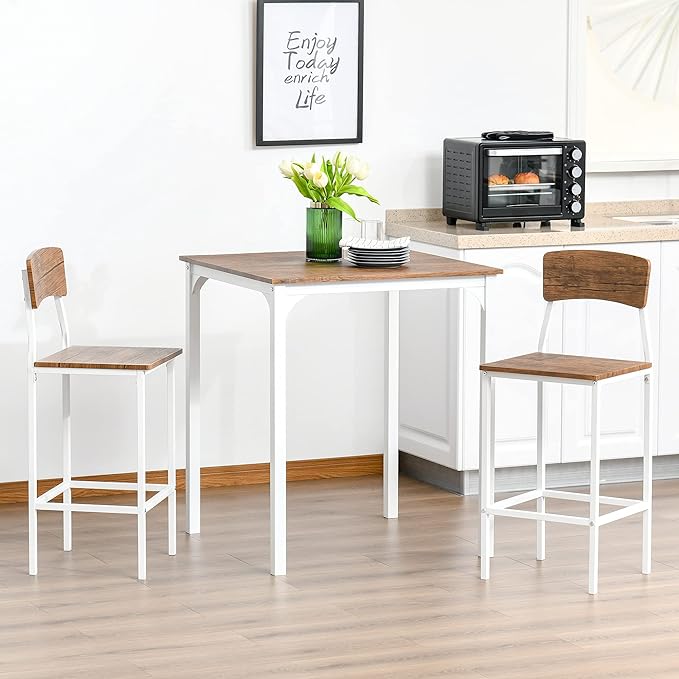 NicBex Kitchen Table for 2 Dining Room Set 3 Piece Bar Table Set, Industrial Counter Height Dining Table Set, Bar Table & Chairs with Steel Legs & Footrests, White - LeafyLoom