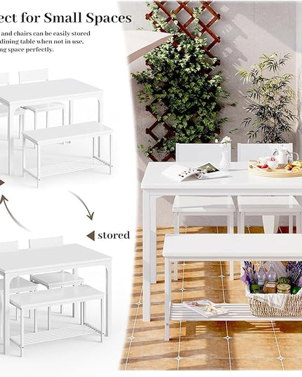 sogesfurniture Modern 4-Piece Kitchen Dining Table Set with 1 Bench and 2 Chairs, Kitchen Bench Table Set for 4, Wooden Kitchen Table and Chairs for Limited Space,White - LeafyLoom
