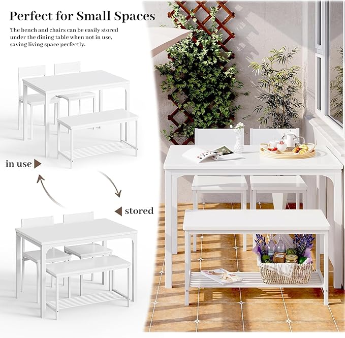 sogesfurniture Modern 4-Piece Kitchen Dining Table Set with 1 Bench and 2 Chairs, Kitchen Bench Table Set for 4, Wooden Kitchen Table and Chairs for Limited Space,White - LeafyLoom
