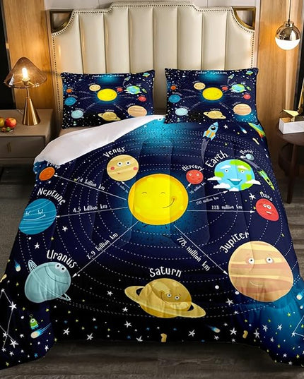Erosebridal Outer Space Comforter Set Starry Sky Bedding Set King Size for Kids Boys Girls Room Galaxy Planet Space Duvet Sets Solar System Cartoon Down Comforter 3 Pieces with 2 Pillow Cases, Blue - LeafyLoom