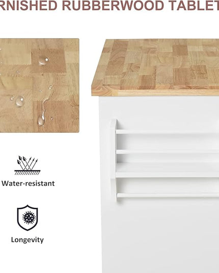HOMCOM Kitchen Island on Wheels, Rolling Cart with Rubberwood Top, Spice Rack, Towel Rack and Drawers for Dining Room, White - LeafyLoom