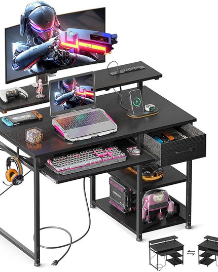 AODK Small Computer Desk with Keyboard Tray, 40 Inch Gaming Desk with Power Outlet, Office Desk with Drawer, Reversible Desk with Adjustable Monitor Shelf and Storage Shelf for Home, Black - LeafyLoom