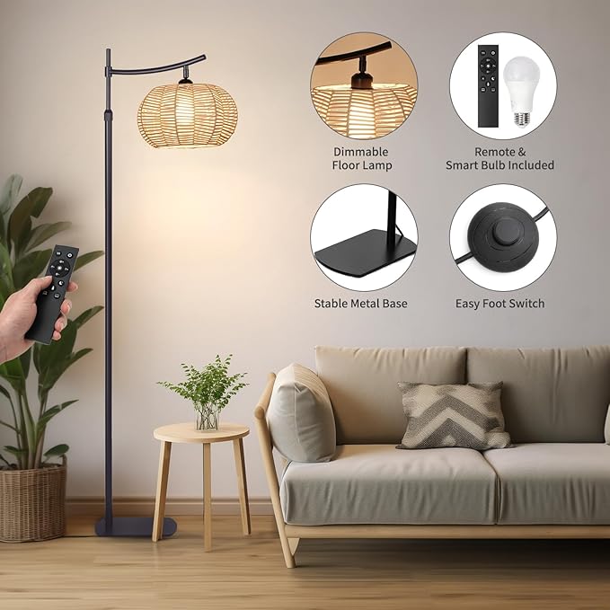 Arc Boho Farmhouse Black Floor Lamp, Standing Lamp with Rattan & Fabric Double Shade with Remote Control, Dimmable LED Bulb with 9 Color Temperature, Tall Pole for Living Room Bedroom Corner Office - LeafyLoom