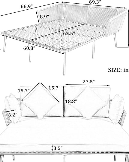 Patio Daybed Set for 2, Outdoor Furniture All-Weather Sofa Sunbed with Adjustable Iron Feet, Woven Nylon Rope Backrest, Washable Cushions and Pillows, for Balcony, Poolside, Gray - LeafyLoom