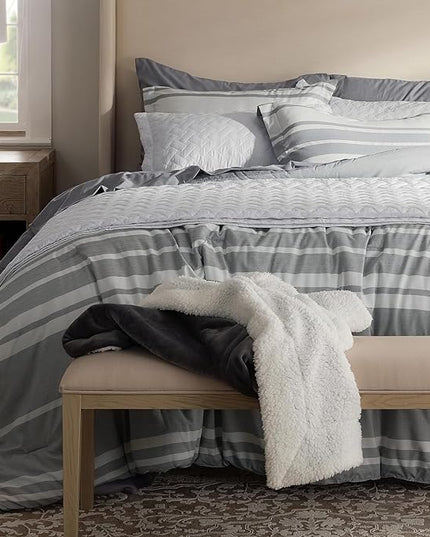 Bedsure Queen Comforter Set 7 Pieces, Grey White Striped Comforter for Queen Size Bed Reversible, Cationic Dyeing Bed in a Bag with Comforter, Sheets, Pillowcases & Shams - LeafyLoom