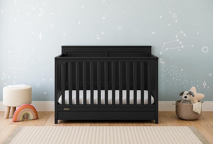 Graco Hadley 5-in-1 Convertible Crib with Drawer (Black) – Combo, Includes Full-Size Nursery Storage, Converts from Baby Crib to Toddler Bed, Daybed - LeafyLoom