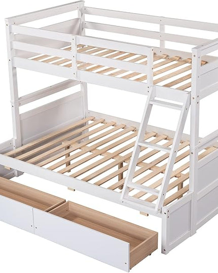Bunk Bed Frame, Twin Over Full Bunk Bed with Safety Guardrail, Staircase and 2 Underbed Storage Drawers, Ideal Bed Frame for Kids Teens Girls Boys, Space Saving Bedroom Furniture, White - LeafyLoom
