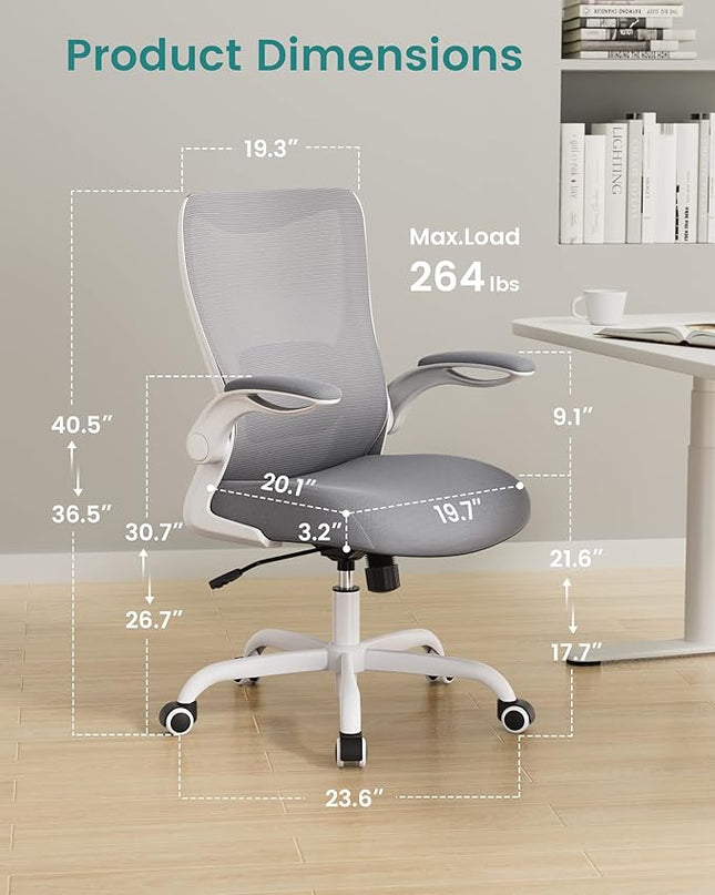 Office Chair, Ergonomic Desk Chair with Adjustable Lumbar Support and Flip up Armrest, Breathable Mesh Computer Chair for Home Office, Gray - LeafyLoom