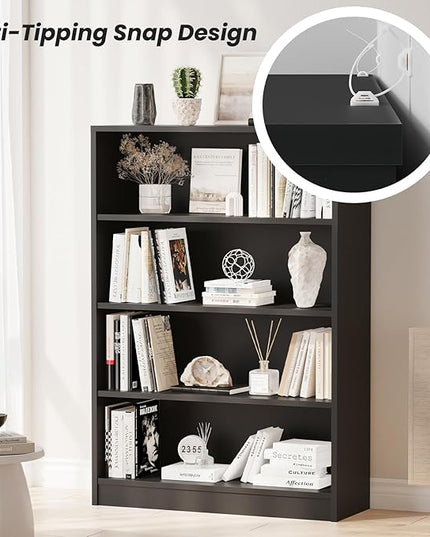 Farini 4 Shelf boockase Display Bookcase Freestanding Wooden Bookshelves for Home Office Living Room,48 Inch Height,Black - LeafyLoom