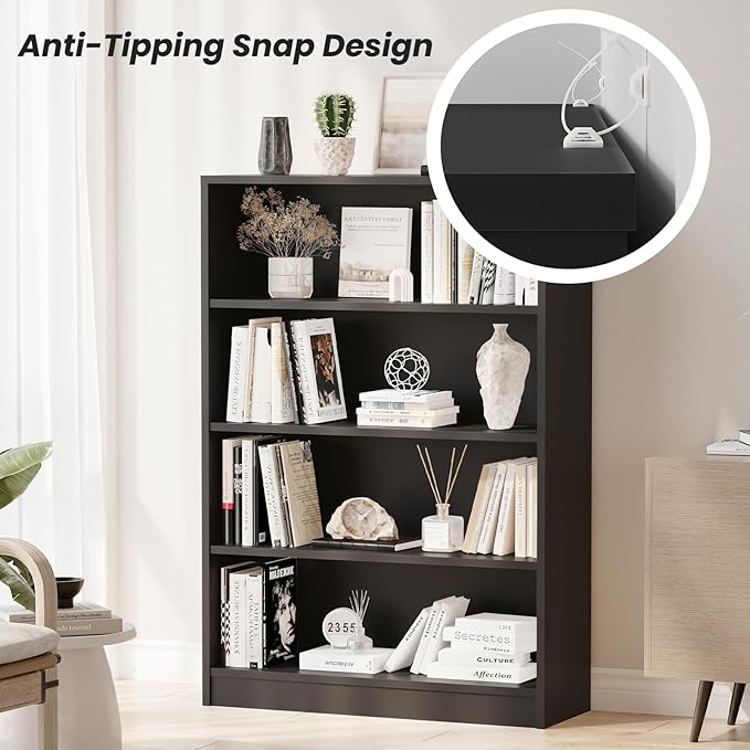 Farini 4 Shelf boockase Display Bookcase Freestanding Wooden Bookshelves for Home Office Living Room,48 Inch Height,Black - LeafyLoom