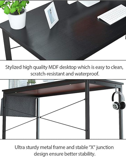 Foxemart Computer Desk 47" Office Desks Writing Study Desk Modern Simple PC Laptop Notebook Table with Storage Bag and Iron Hook for Home Office Workstation, Black - LeafyLoom