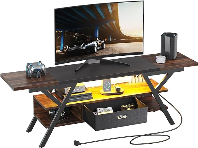 Bestier 70 Inch Gaming Tv Stands for Living Room with Power Outlet for TVs up to 75", Black Entertainment Center with Led Lights for Living Room Bedroom. Walnut - LeafyLoom