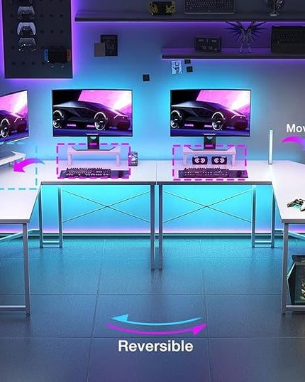 Casaottima L Shaped Gaming Desk with Monitor Stand, Corner Desk Gaming Table for Home Office, Computer Desk Sturdy Writing Workstation for Small Space, 51 inch, Carbon Fiber Surface, White - LeafyLoom