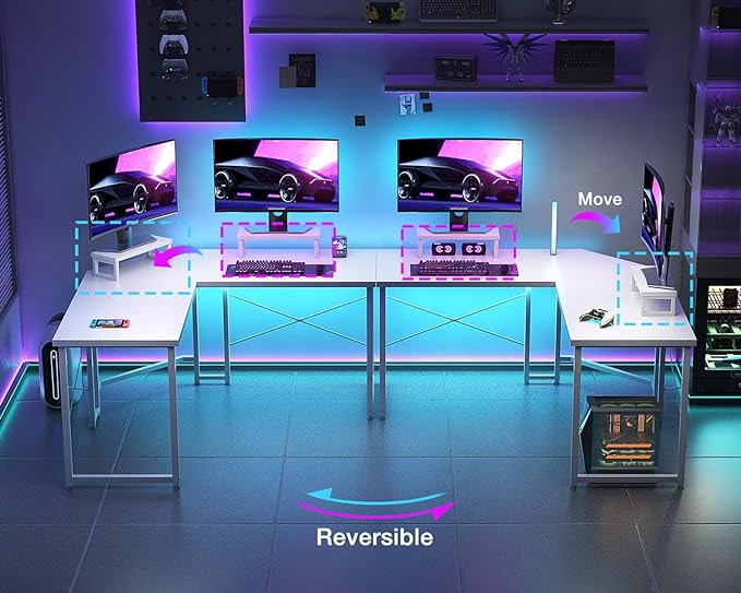 Casaottima L Shaped Gaming Desk with Monitor Stand, Corner Desk Gaming Table for Home Office, Computer Desk Sturdy Writing Workstation for Small Space, 51 inch, Carbon Fiber Surface, White - LeafyLoom