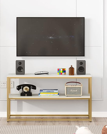 Function Home TV Stand for TVs up to 50 Inch, 3 Tier Entertainment Center, Modern TV Cabinet with Marble Top and Gold Metal Base, 42" Media Console Table with Storage for Living Room Bedroom - LeafyLoom
