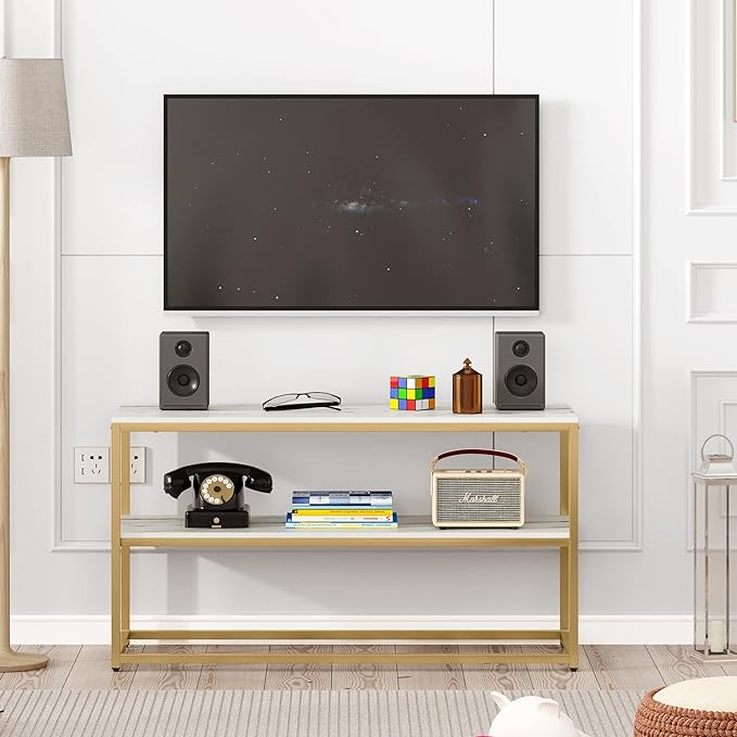 Function Home TV Stand for TVs up to 50 Inch, 3 Tier Entertainment Center, Modern TV Cabinet with Marble Top and Gold Metal Base, 42" Media Console Table with Storage for Living Room Bedroom - LeafyLoom