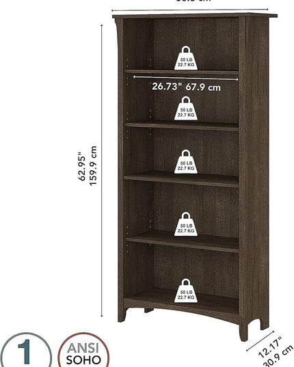 Bush Furniture Salinas Tall 5 Shelf Bookcase in Ash Brown - LeafyLoom