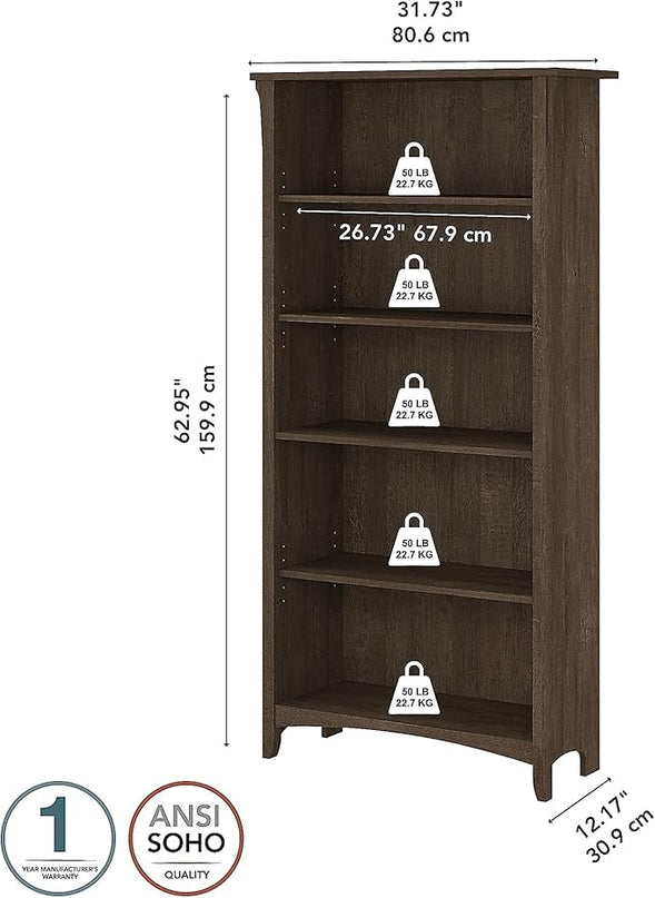 Bush Furniture Salinas Tall 5 Shelf Bookcase in Ash Brown - LeafyLoom