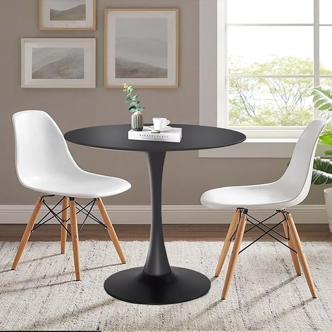 Round Dining Table,31.5”Kitchen Table for 2-4 People,MDF Table Top with Metal Pedestal Base,Tulip Design for Kitchen,Dining Room,Living Room,Leisure,Black - LeafyLoom