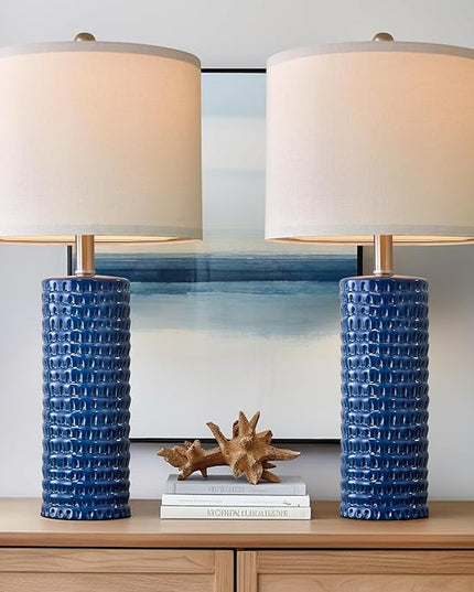 PORTRES 24.75" Modern Accent Ceramic Table Lamp Set of 2 for Bedroom Desk Decor Bedside Lamps for Living Room Study Room Office Dorm Farmhouse Nightstand Lamp End Table Lamps (Blue) - LeafyLoom