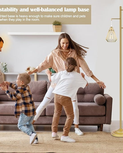 QiMH Industrial Floor Lamps for Living Room, Tree Standing Lamp with 3 Teardrop Cage Shades, 68" Modern Tall Lamps for Bedroom Office Home Light Decor, E26 Socket, Pedal Switch, Brass Gold - LeafyLoom